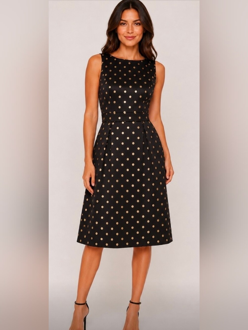 White House Black Market Black Midi Dress with Gold Polka Dots 10